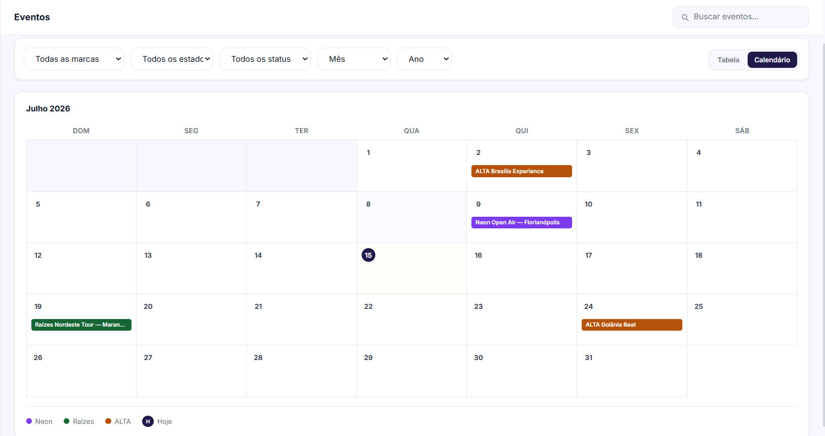 Eventos · Visão em Calendário , Exwise